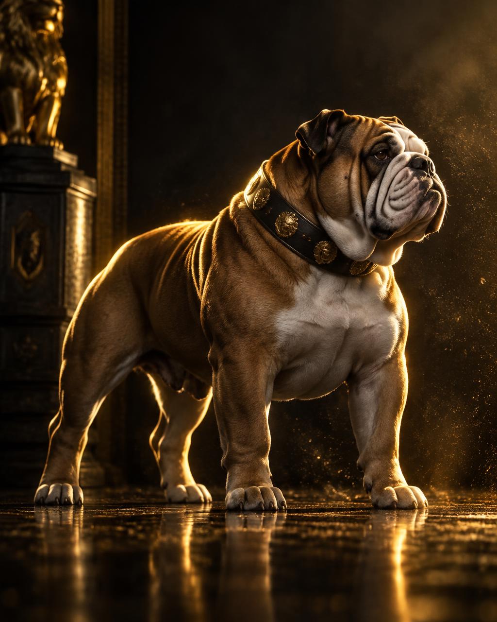 Bulldog lit by golden studio light against black